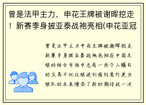 曾是法甲主力，申花王牌被谢晖挖走！新赛季身披亚泰战袍亮相(申花亚冠赛程2020赛程表转播)