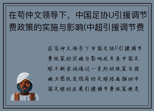 在苟仲文领导下，中国足协U引援调节费政策的实施与影响(中超引援调节费怎么算)
